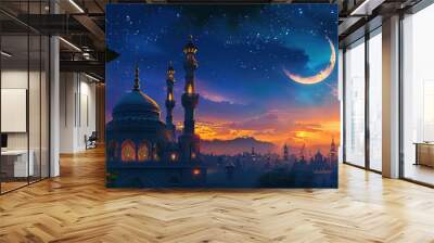 Mosque under Crescent Moon and Starry Sky Wall mural