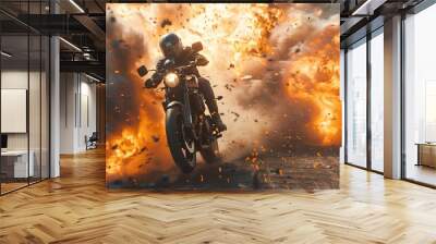 Motorcycle chase, epic scene from action movie, hero on motorbike escapes from the police, explosion on background Wall mural