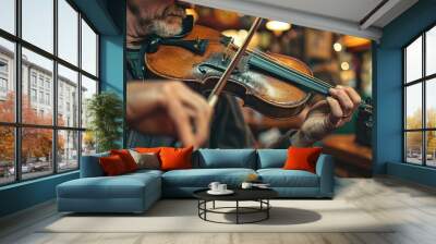 Musician playing violin in Irish pub, trad music session Wall mural