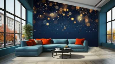 New year, Christmas background with gold stars and sparkling. Golden light shine particles bokeh on navy background Wall mural