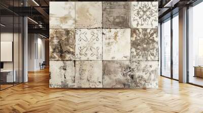 Old beige gray vintage shabby damask patchwork tiles stone concrete cement wall texture background Wall mural