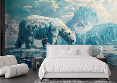 Polar bear threatened by climate change and global warming, trying to survive on melting ice, in spectacular wildlife landscape Wall mural