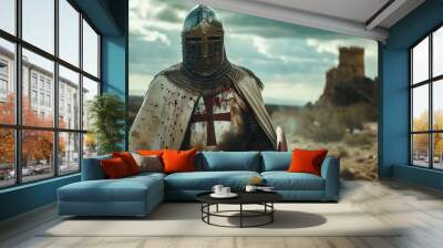 Portrait of knight templar, medieval warrior wearing helmet, standing on battlefield with sword and shield Wall mural