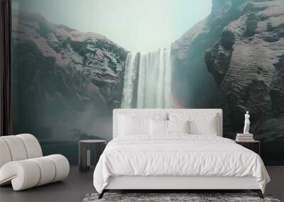 Skogafoss waterfall in Iceland with rainbow Wall mural