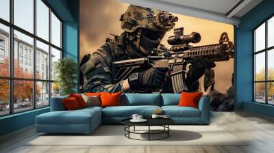 soldier in modern combat gear combat uniform in camouflage colors with large machine gun, protective clothing and helmet, war with modern equipment Wall mural