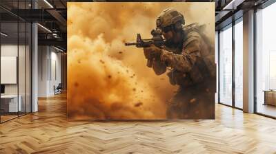 soldier in squad in uniform with a gun in a war zone similar to a desert region with sand and dust and bright sunlight during the day Wall mural