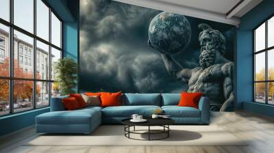 statue of the greek god titan atlas holding planet earth in his hands. man with a athletic muscular body. dark sky in the background Wall mural