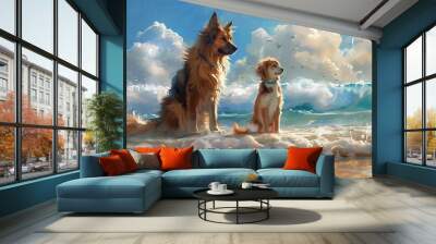 Two dogs standing on the beach, gazing at the waves under a bright sky filled with clouds. Wall mural