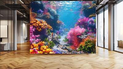 Vibrant underwater scene filled with colorful corals and marine life. Wall mural