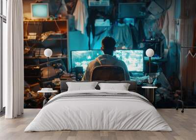 Video game addiction. Back view of man sitting in front of computer with trash and mess in the room, playing video games online Wall mural