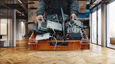 Volunteer collecting used technology gadgets to charity. Donation box with old laptop computers, phones, tablets, cords. E-waste, electronic waste for reuse, repair, recycle Wall mural