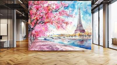 Watercolor painting of cherry blossom in Paris with Eiffel Tower on background Wall mural