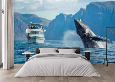 Whale watching boat trip Inside the pass mountain range luxury travel cruise Wall mural