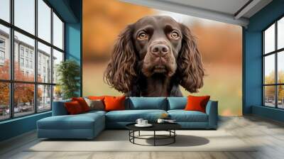  A close-up portrait of a chocolate brown Spaniel dog with soulful eyes and dark brown fur against a soft autumn-colored background Wall mural