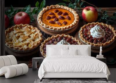 Assorted homemade pies with pecans and apples on rustic wooden table Wall mural