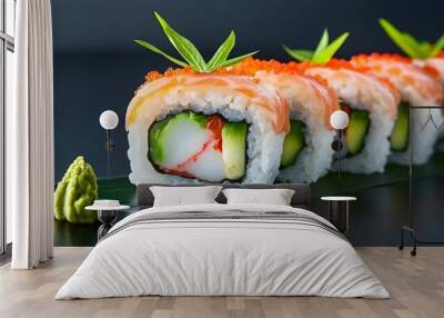 Close-up of fresh sushi roll with salmon and avocado on dark background Wall mural