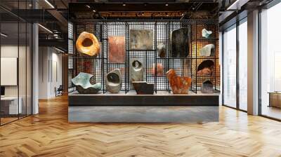 Contemporary sculpture exhibition with abstract stone art in industrial space Wall mural