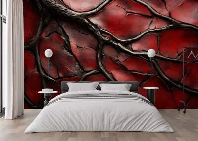 Dark branches on red cracked surface: abstract texture art with organic design Wall mural