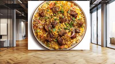 Delicious lamb biryani garnished with fresh herbs and vegetables on white background Wall mural