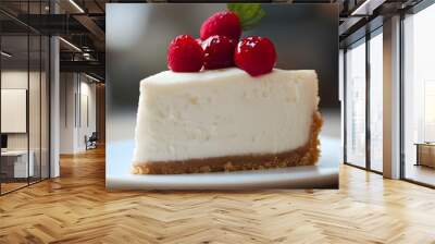 Delicious slice of cheesecake with fresh raspberries on white plate Wall mural