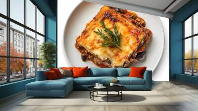 Delicious vegetarian moussaka with fresh herbs and olives on a white plate Wall mural