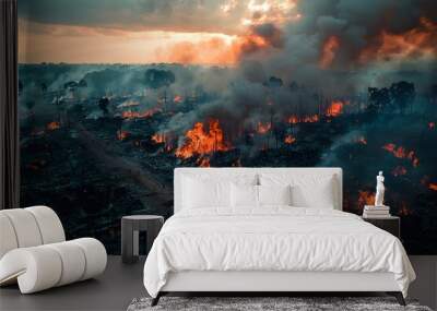 Devastating forest fire at sunset: intense flames and thick smoke transforming the landscape Wall mural