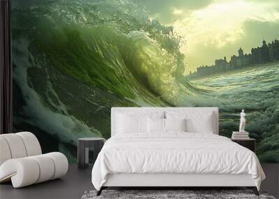 Dramatic ocean wave crashing near urban skyline at sunset Wall mural