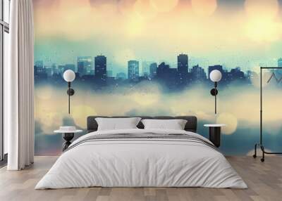 Dreamy urban cityscape with abstract bokeh lights and misty skyline Wall mural