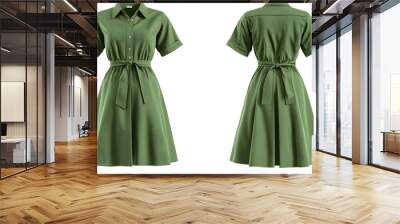 Elegant green shirt dress with belt front and back view | stylish fashion apparel Wall mural