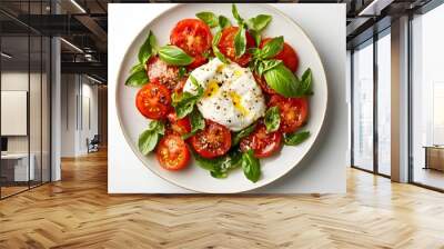 Fresh caprese salad with burrata, cherry tomatoes, and basil on a white plate Wall mural