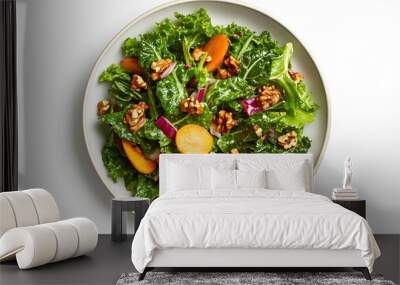 Fresh kale salad with walnuts, carrots, and red cabbage on white plate Wall mural