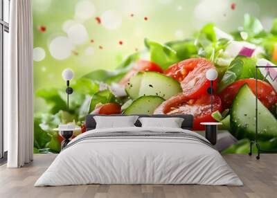 Fresh salad with cherry tomatoes, cucumbers, and red onions on a vibrant green background Wall mural