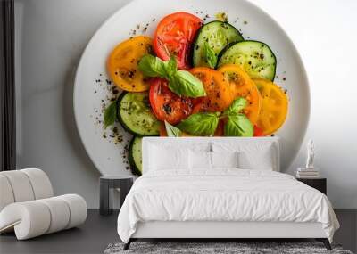 Fresh summer salad with heirloom tomatoes and cucumber on white plate Wall mural