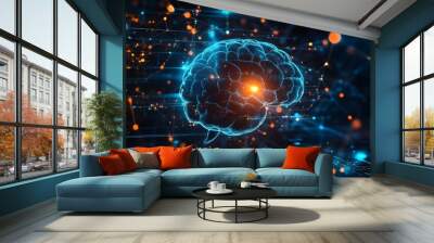 Futuristic digital brain with neural network connections and glowing nodes Wall mural