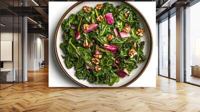 Healthy kale salad with red onions and walnuts on white background Wall mural