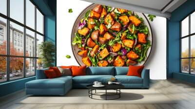 Healthy roasted sweet potato and arugula salad with red onion garnish Wall mural