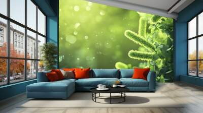 Lush greenery with dewy cattails in a sunlit garden landscape Wall mural