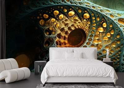 Mesmerizing abstract fractal with golden spheres and organic patterns Wall mural