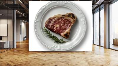 Raw ribeye steak with rosemary on elegant white plate Wall mural