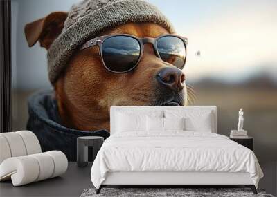 Stylish dog in sunglasses and beanie enjoying outdoor adventure Wall mural