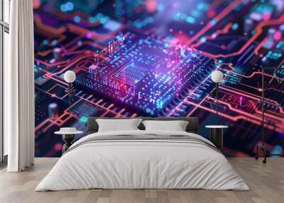 A backdrop background that captures the convergence of a microchip and AI technology visualising the transformation brought by this unique integration in a compelling and innovative design Wall mural