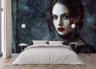 A sultry vampire woman with porcelain skin and blood-red lips framed by a dark Wall mural