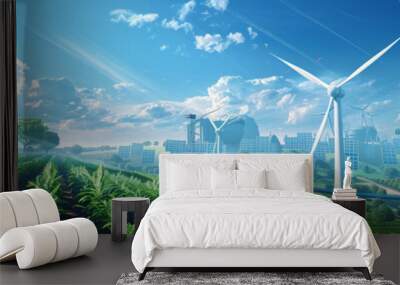 Create a vibrant 3D animated scene showcasing renewable energy sources in a futuristic setting with a backdrop background inspired by nature and technology Wall mural