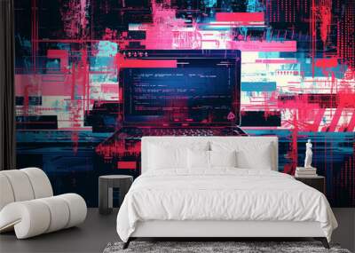 Create an artwork featuring a laptop surrounded by glitchy error messages and warning signs Wall mural