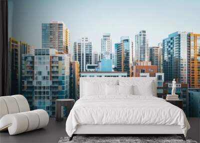 A cityscape featuring various buildings all adhering to ISO construction and safety codes. Wall mural