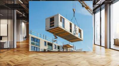 A construction crane hoisting a prefabricated module into position on a construction site.  Wall mural