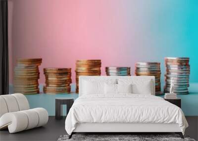 A creative composition showing coins arranged in a bar graph shape, with each stack representing different financial milestones or goals.  Wall mural