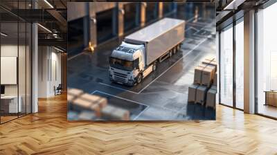 a delivery truck unloading packages at a warehouse, representing the conveyance of goods. Wall mural