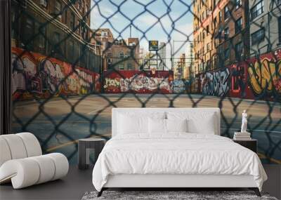 A gritty urban basketball court with graffiti-covered walls and chain-link fencing.  Wall mural