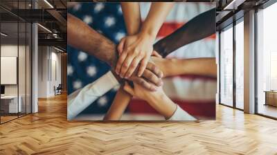 A group of diverse people holding hands in front of the American flag, representing the unity and diversity of the nation.  Wall mural